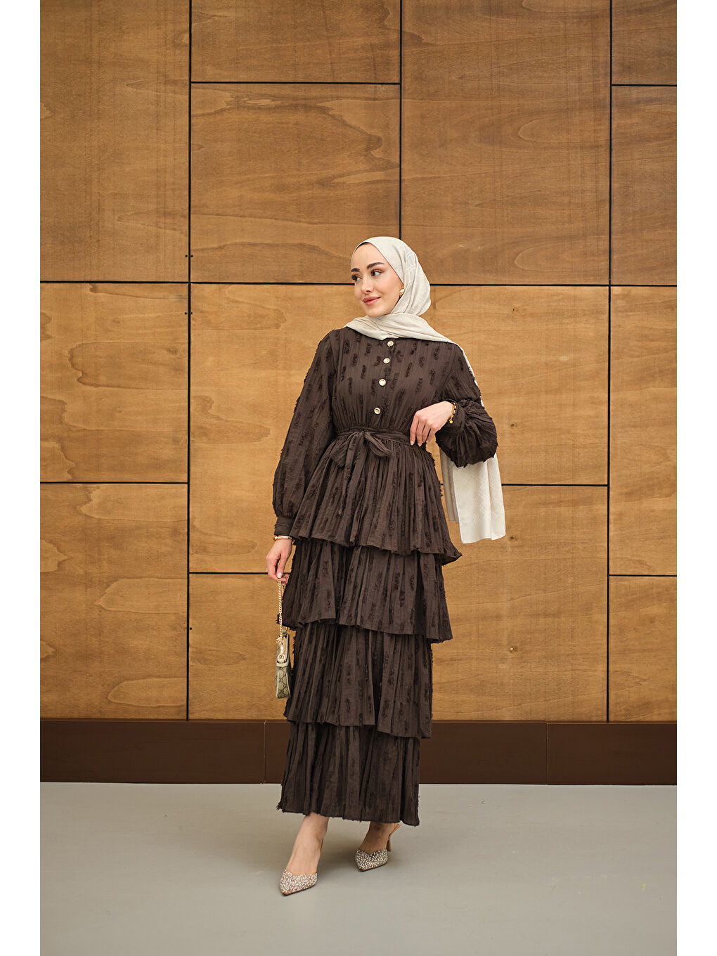 Kadın Fisto Volanlı Kemer Detay Elbise Kahverengi-4