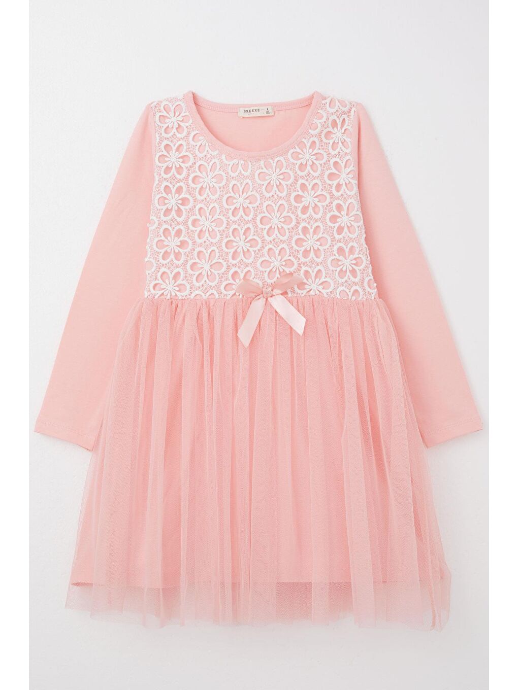 Kız Çocuk Uzun Kollu Elbise Çiçek Güpür Nakışlı Pembe (4 Yaş)