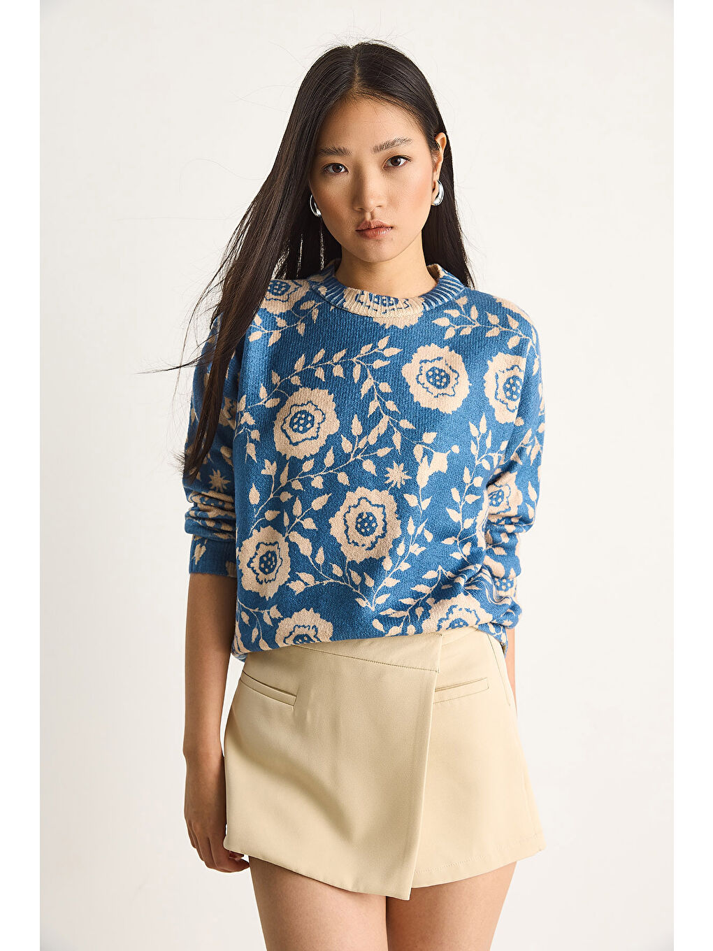 Lacivert Kadın Parçalı Triko Kazak-1