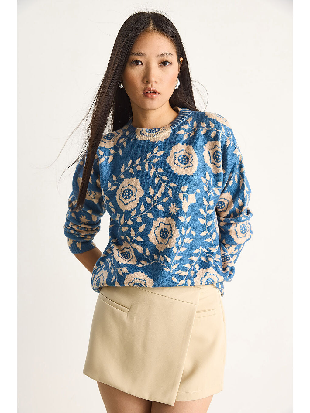 Lacivert Kadın Parçalı Triko Kazak-2