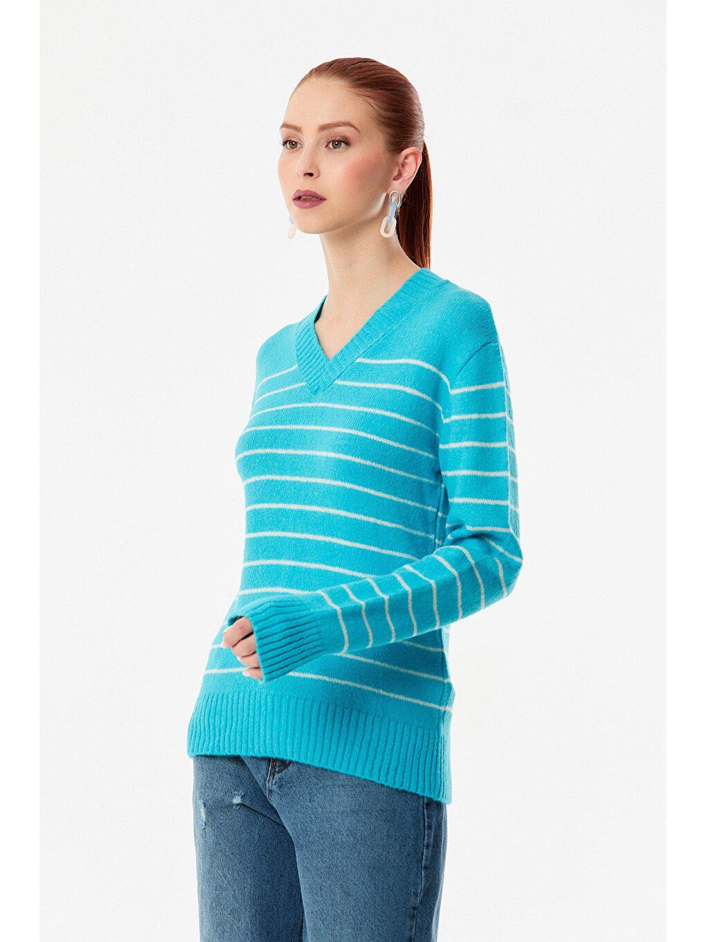Mavi Çizgili V Yaka Triko Kazak-4