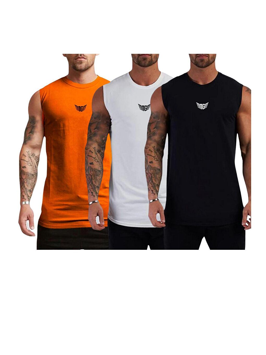 GENIUS STORE Beyaz Erkek Hızlı Kuruma Atletik Performans Sporcu Sıfır Kol T-shirt MG-ATLET3 SİYAH-BEYAZ-TURUNCU