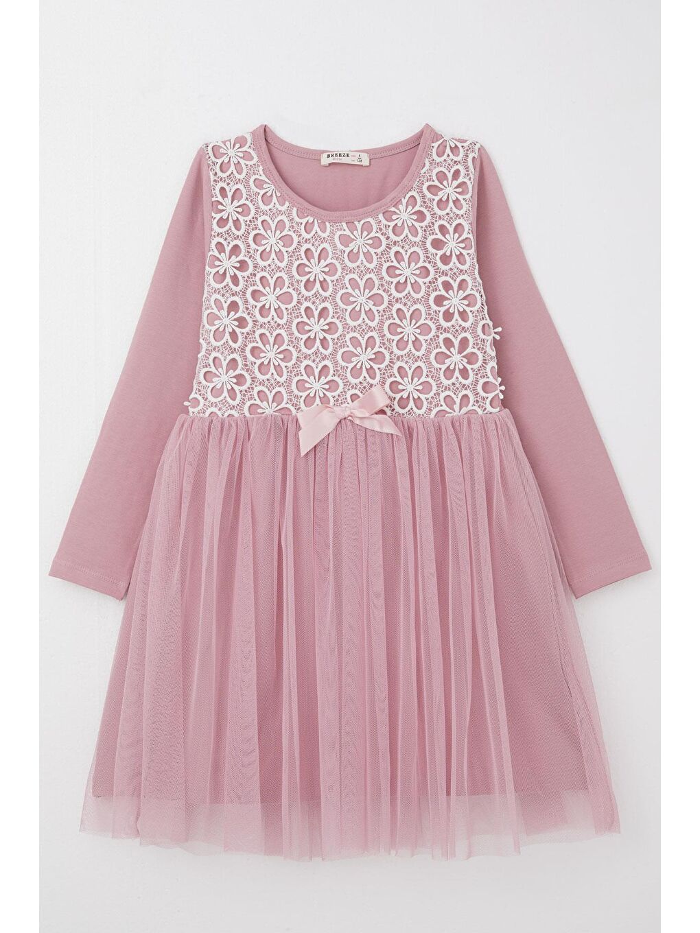 Pembe Kız Çocuk Uzun Kollu Elbise Çiçek Güpür Nakışlı Gülkurusu (4 Yaş)