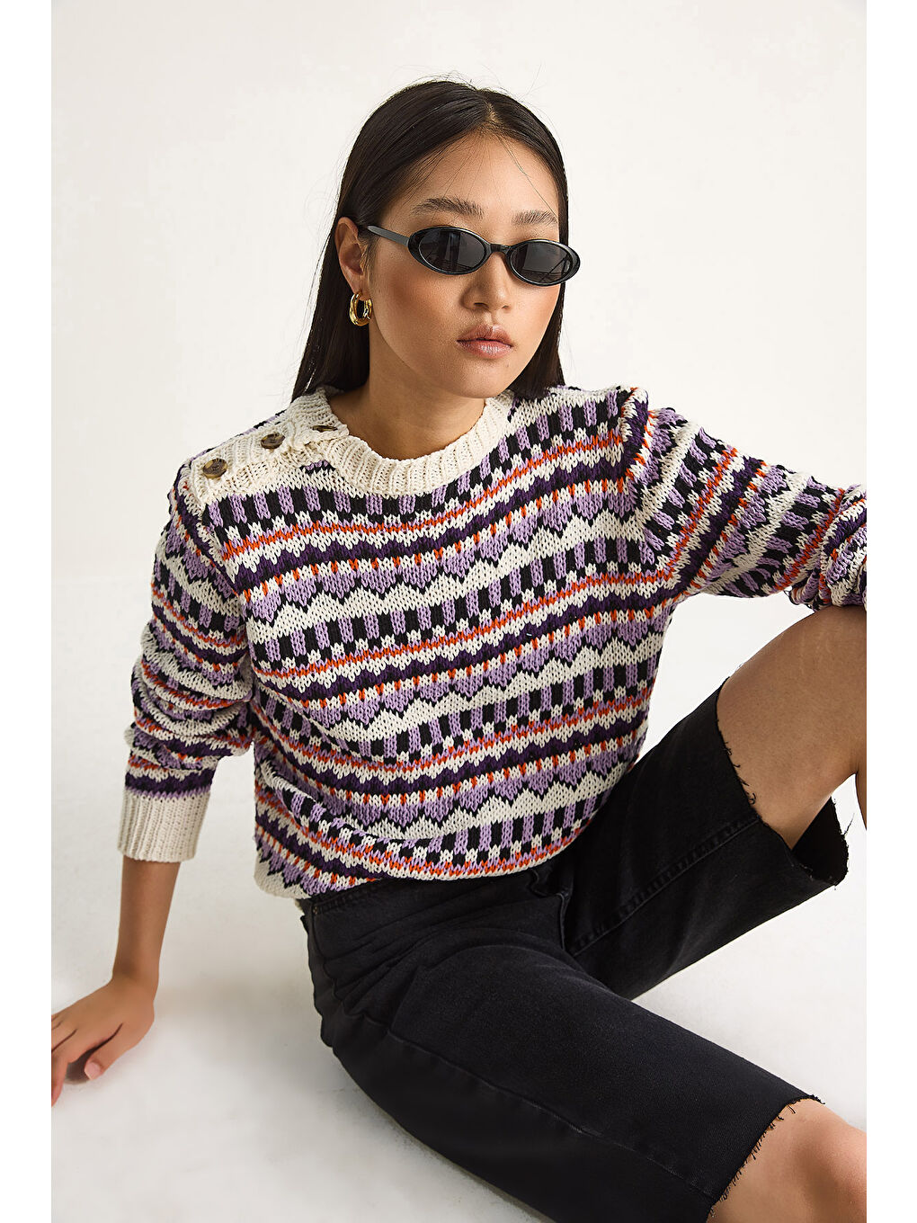 Ekru Kadın Omuz Patlı Desenli Triko Kazak-1