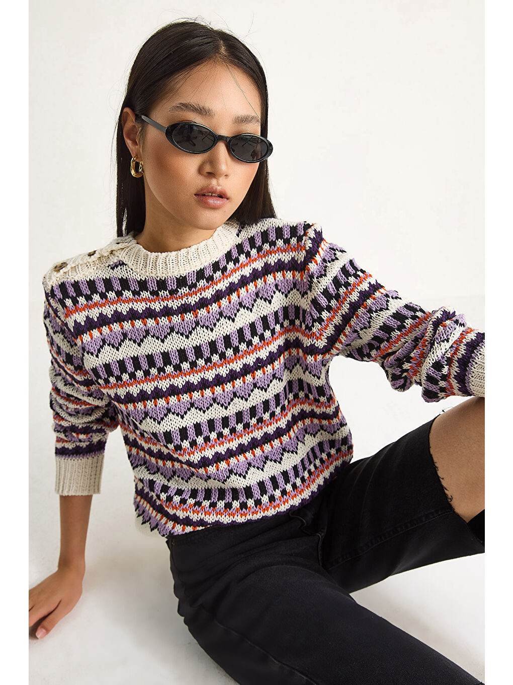 Ekru Kadın Omuz Patlı Desenli Triko Kazak-2