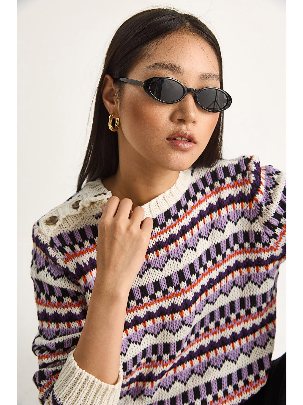 Ekru Kadın Omuz Patlı Desenli Triko Kazak-3