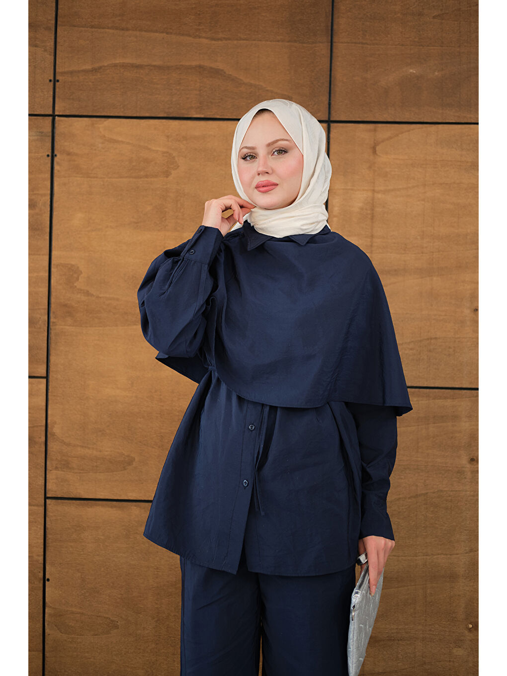 Kadın Şal Detay Bel Bağlamalı Gömlekli Takım Lacivert-1