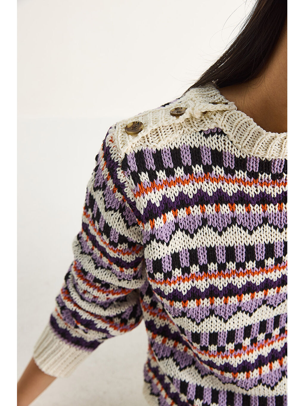 Ekru Kadın Omuz Patlı Desenli Triko Kazak-4