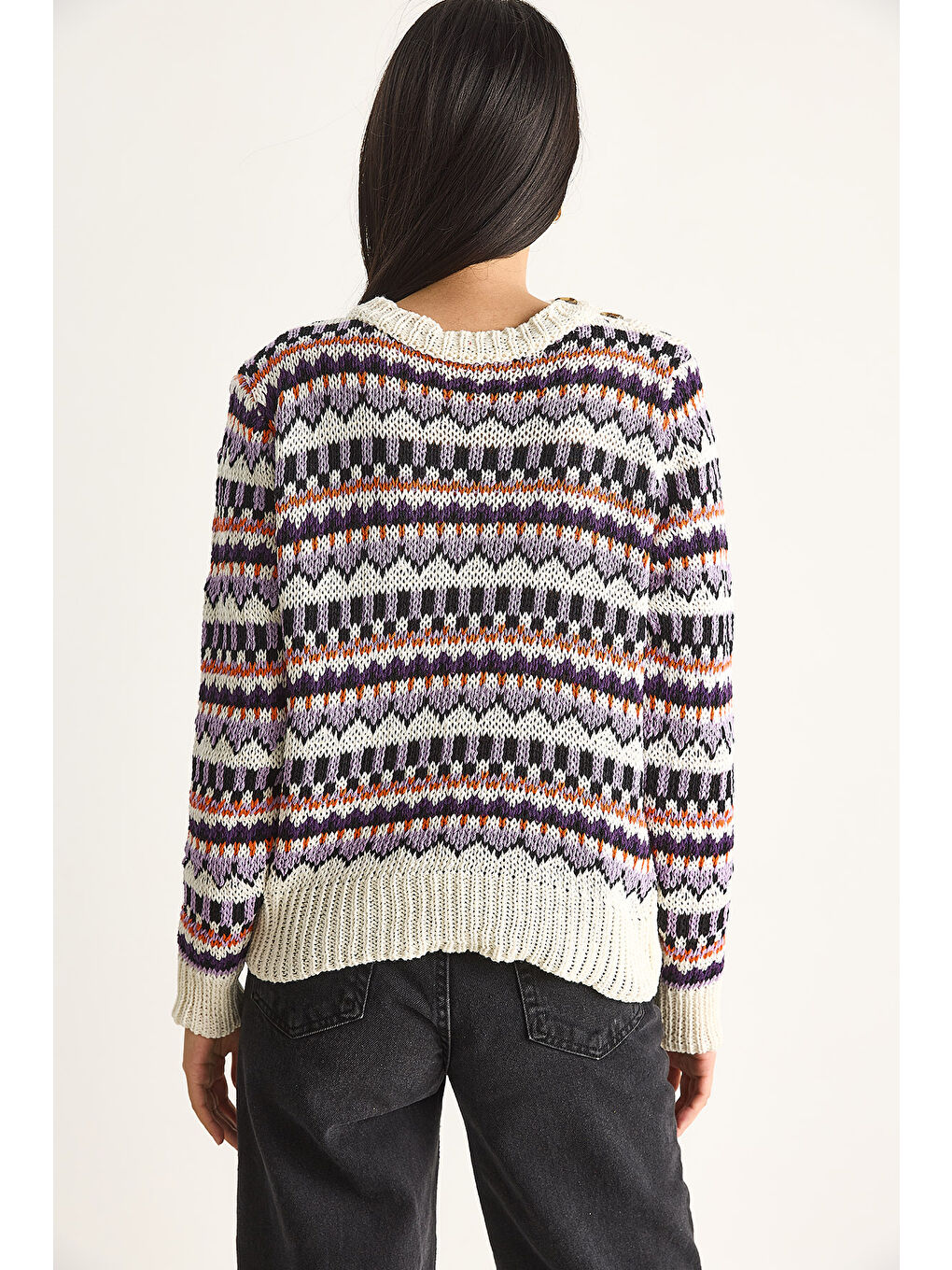 Ekru Kadın Omuz Patlı Desenli Triko Kazak-5