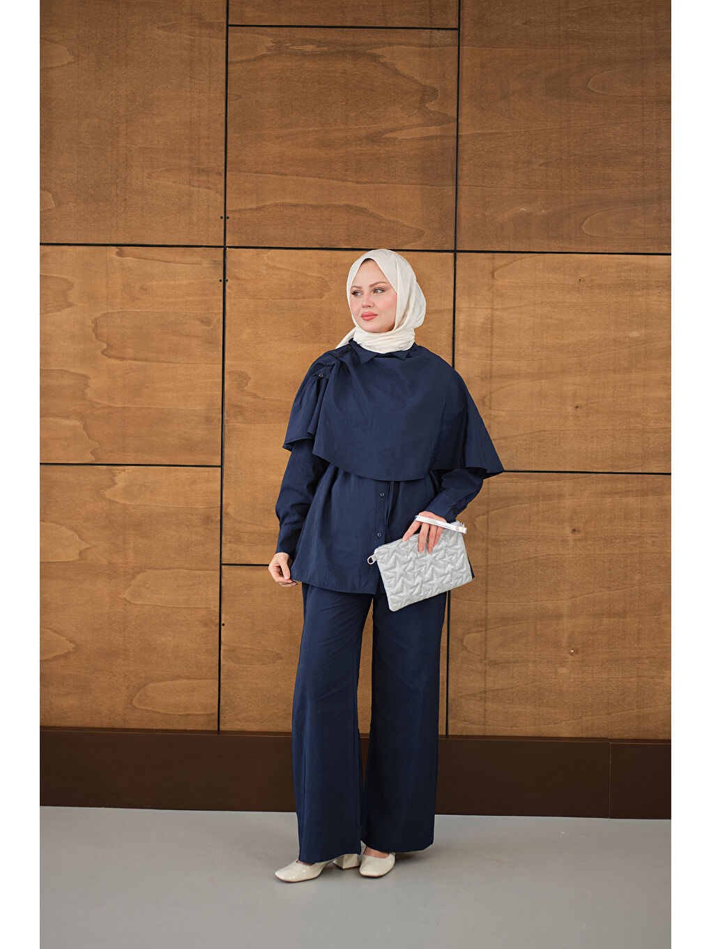 Kadın Şal Detay Bel Bağlamalı Gömlekli Takım Lacivert-2