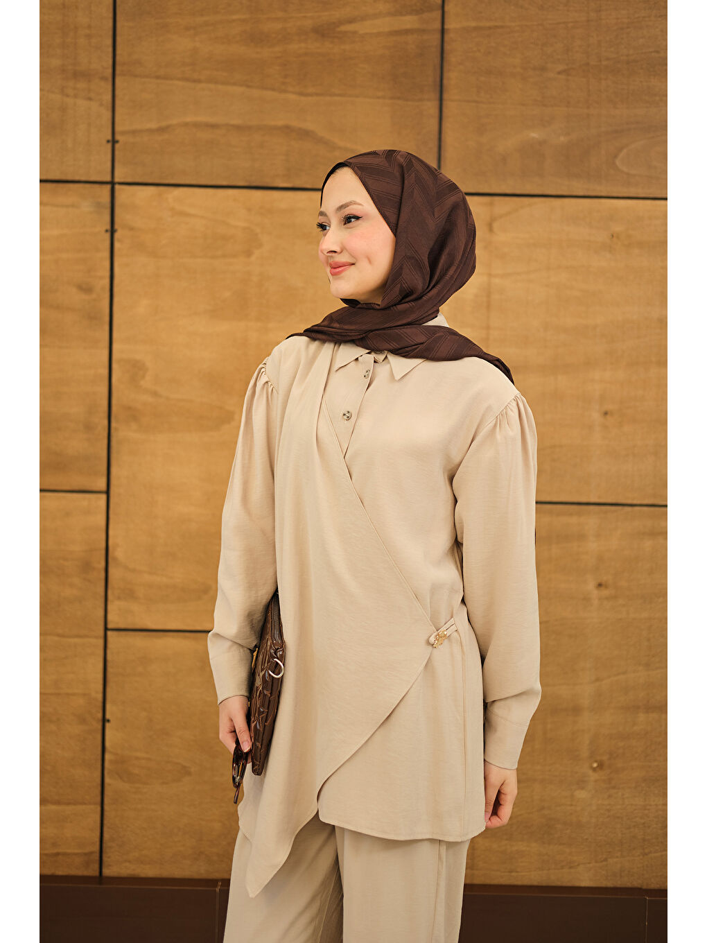 Bej Kadın Gold Düğme Detaylı Pantolonlu Modal Takım Vizon-1