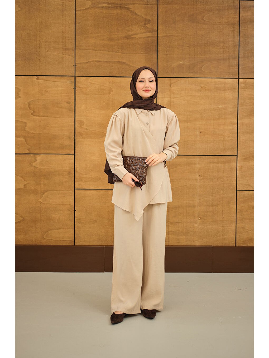 Bej Kadın Gold Düğme Detaylı Pantolonlu Modal Takım Vizon-2