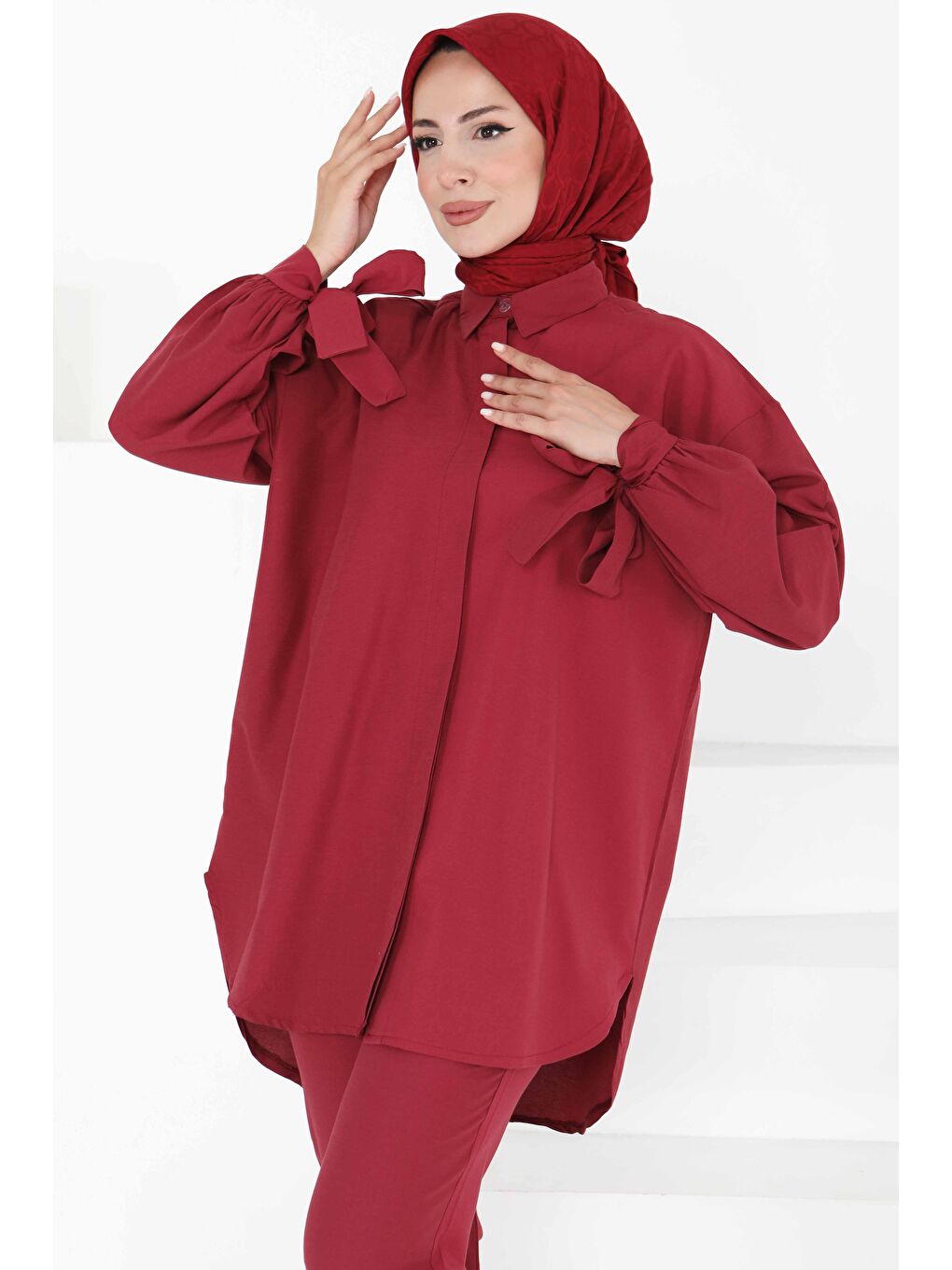 Kol Detaylı İkili Takım Bordo - 27085-1