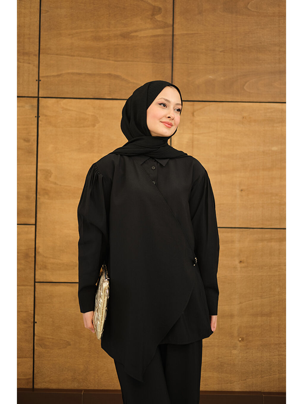 Kadın Gold Düğme Detaylı Pantolonlu Modal Takım Siyah-1