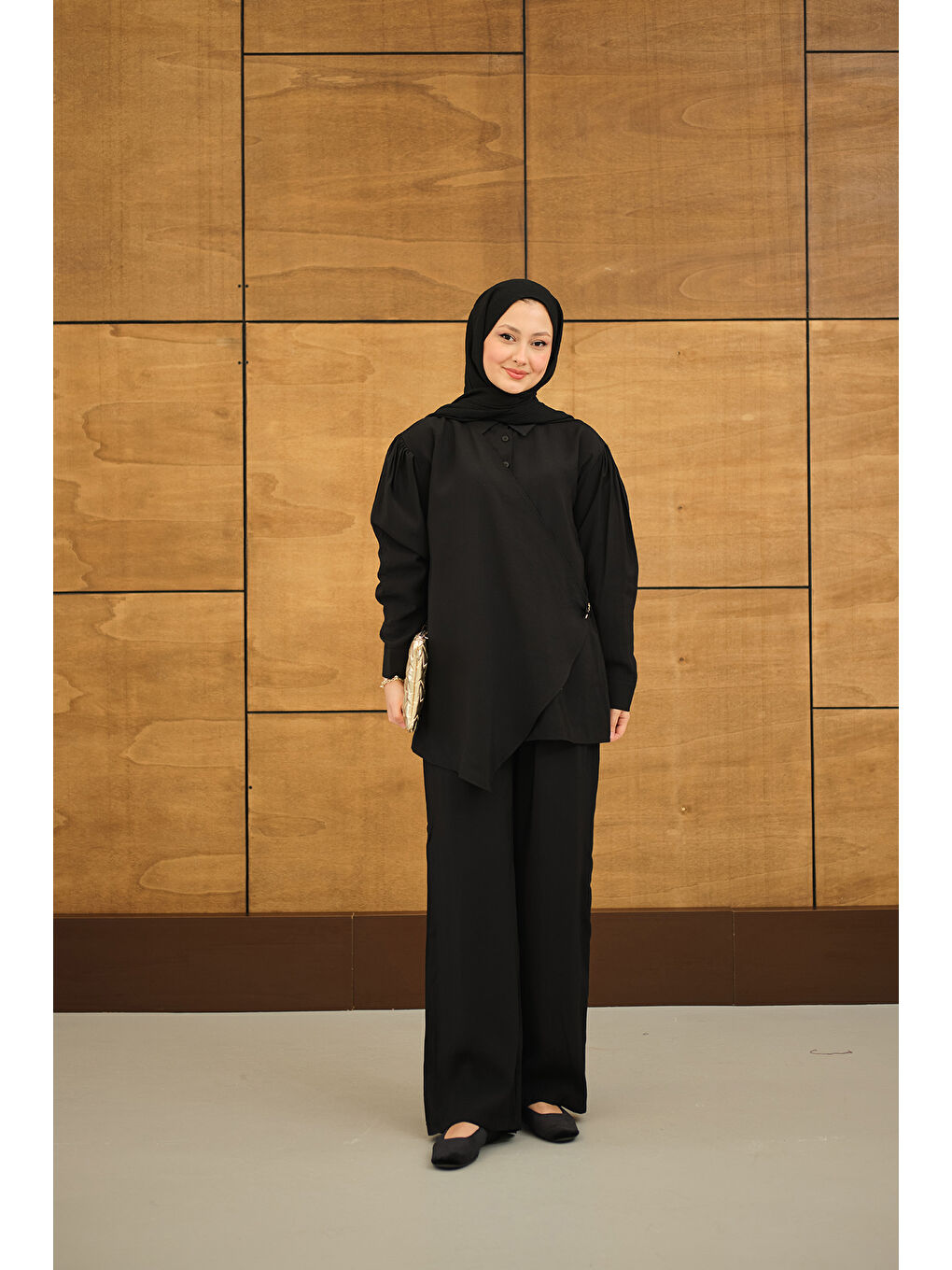 Kadın Gold Düğme Detaylı Pantolonlu Modal Takım Siyah-2