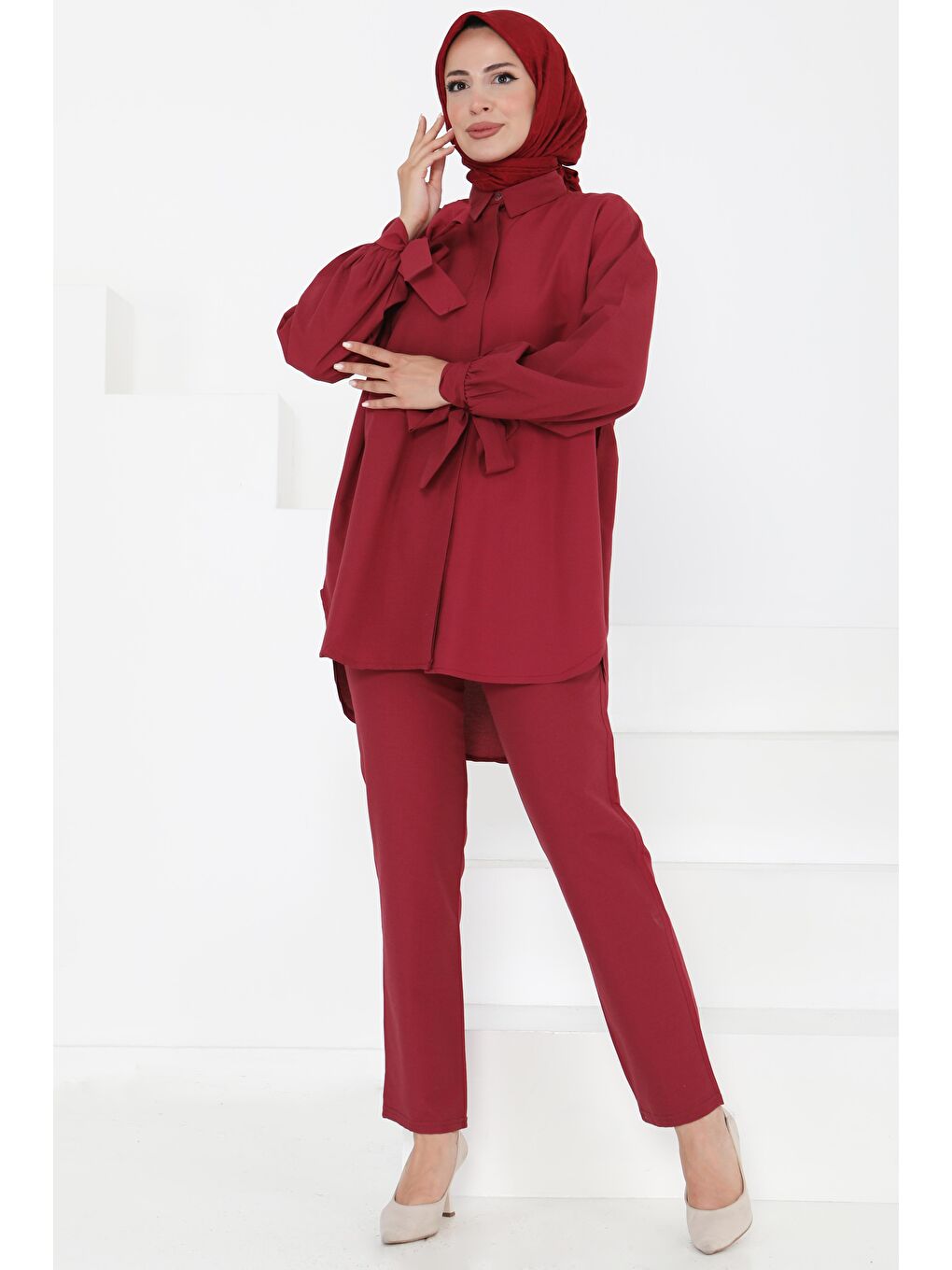 Kol Detaylı İkili Takım Bordo - 27085-2