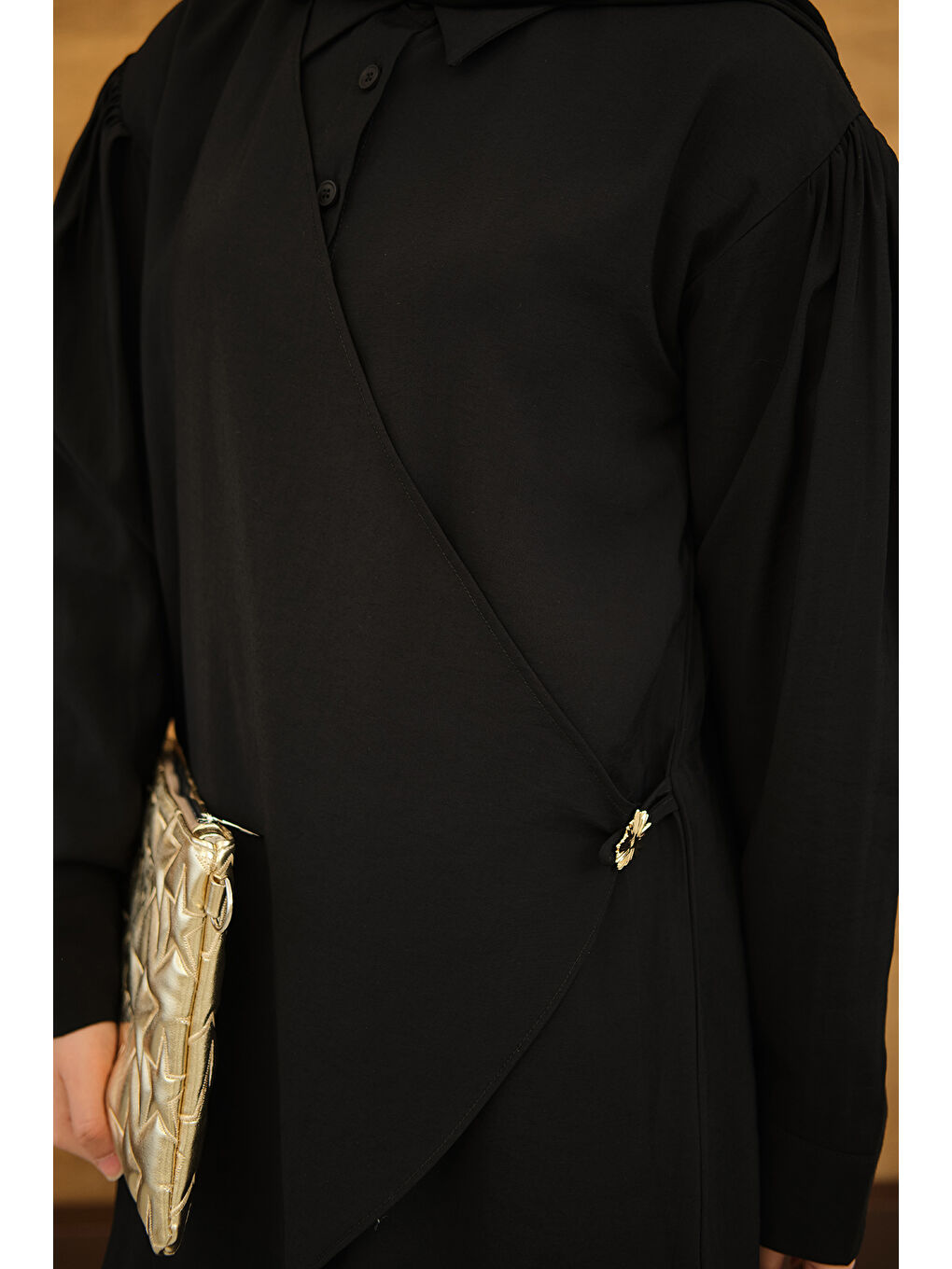 Kadın Gold Düğme Detaylı Pantolonlu Modal Takım Siyah-4