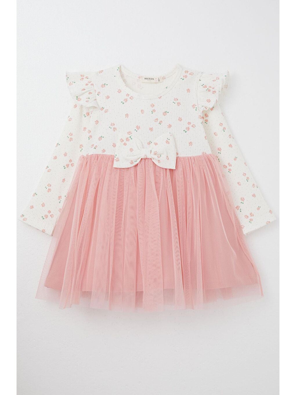Kız Çocuk Uzun Kollu Elbise Çiçekli Fiyonklu Tüllü Ekru (1.5 Yaş)