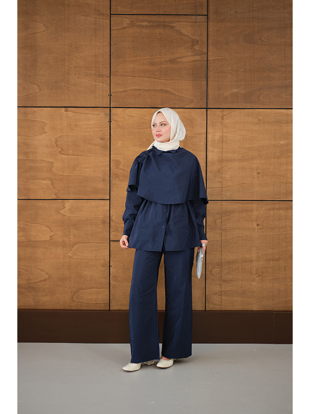 Kadın Şal Detay Bel Bağlamalı Gömlekli Takım Lacivert-3