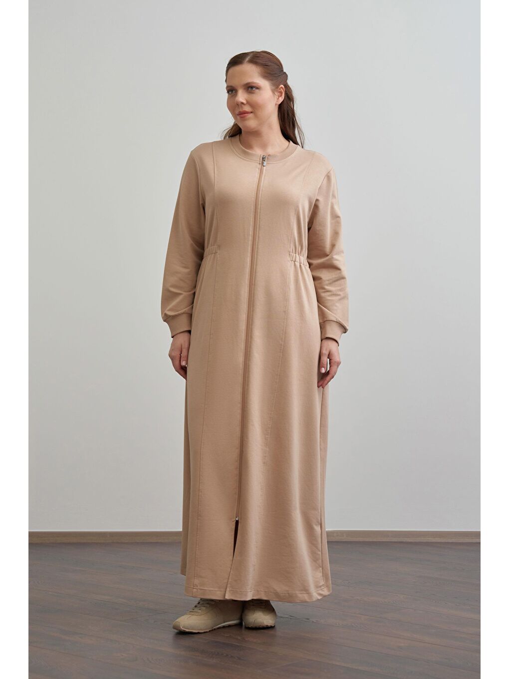 Bej Vizon-Pamuklu Fermuarlı Uzun Ferace
