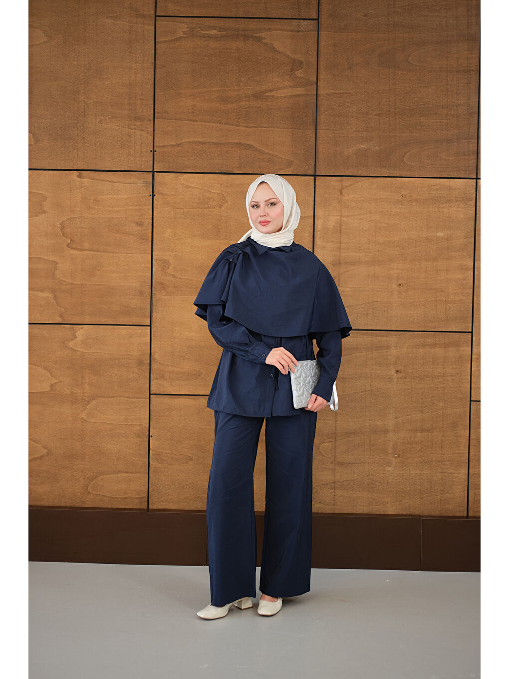 Kadın Şal Detay Bel Bağlamalı Gömlekli Takım Lacivert-4
