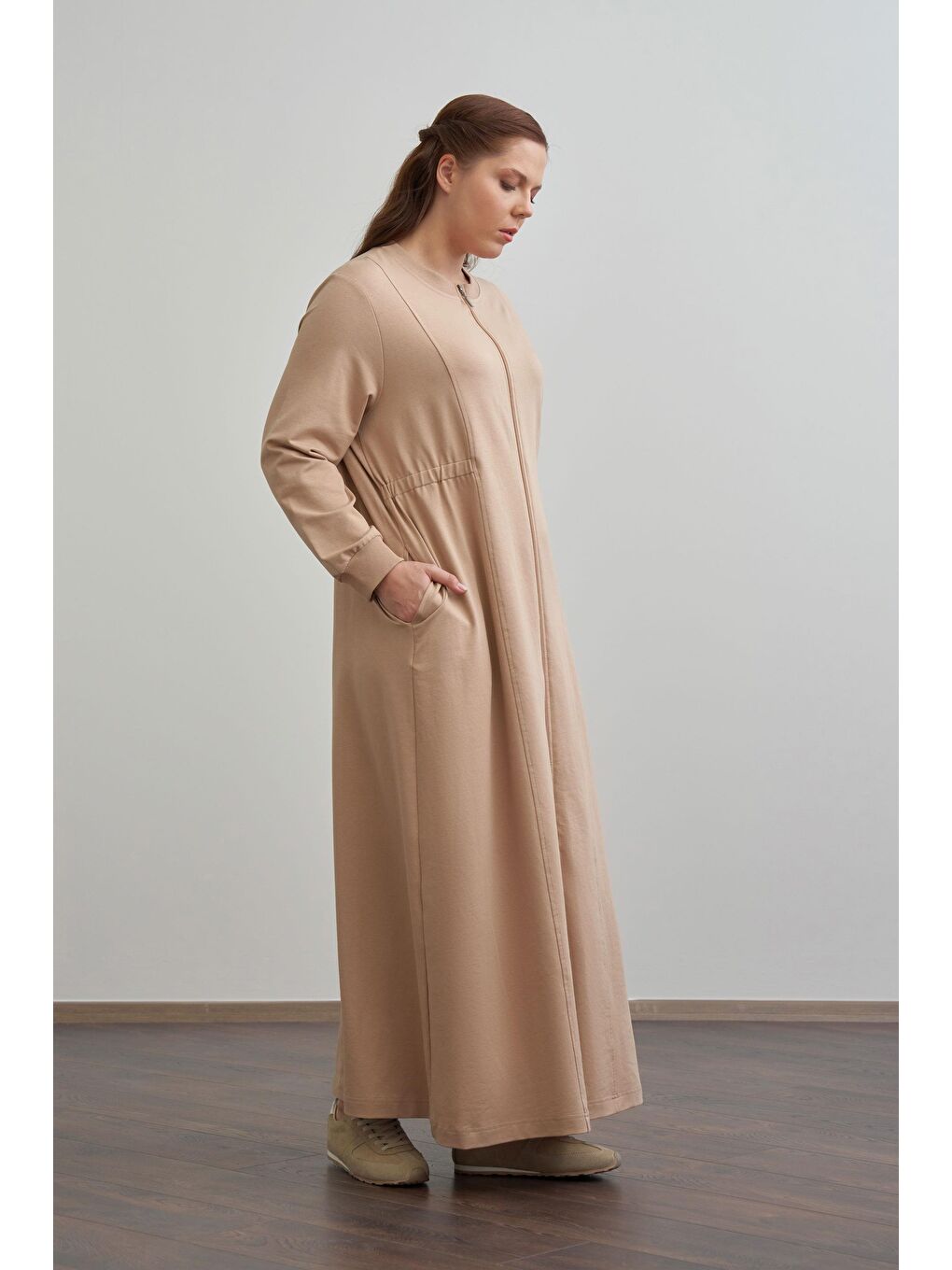 Bej Vizon-Pamuklu Fermuarlı Uzun Ferace-1