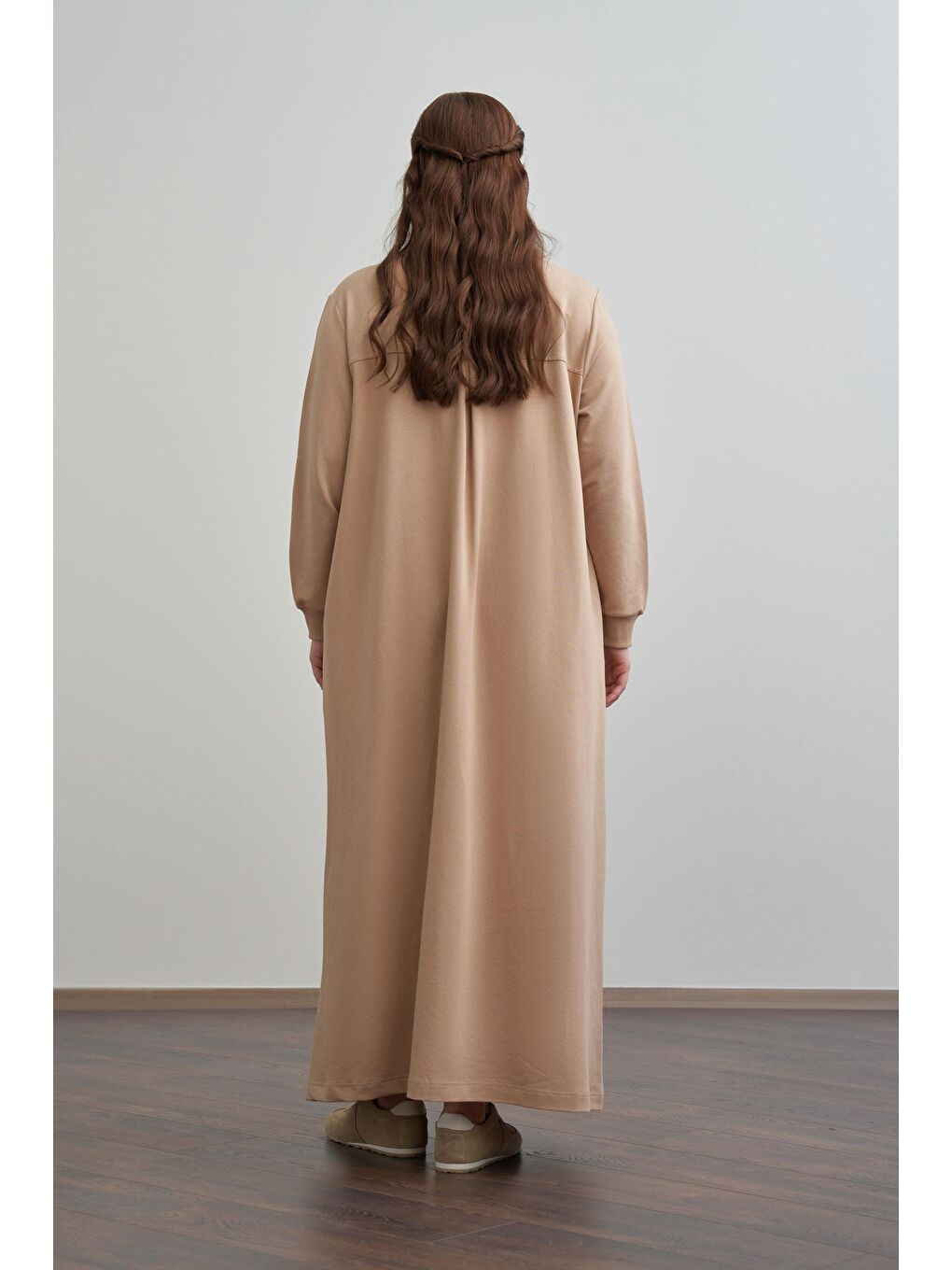 Bej Vizon-Pamuklu Fermuarlı Uzun Ferace-2