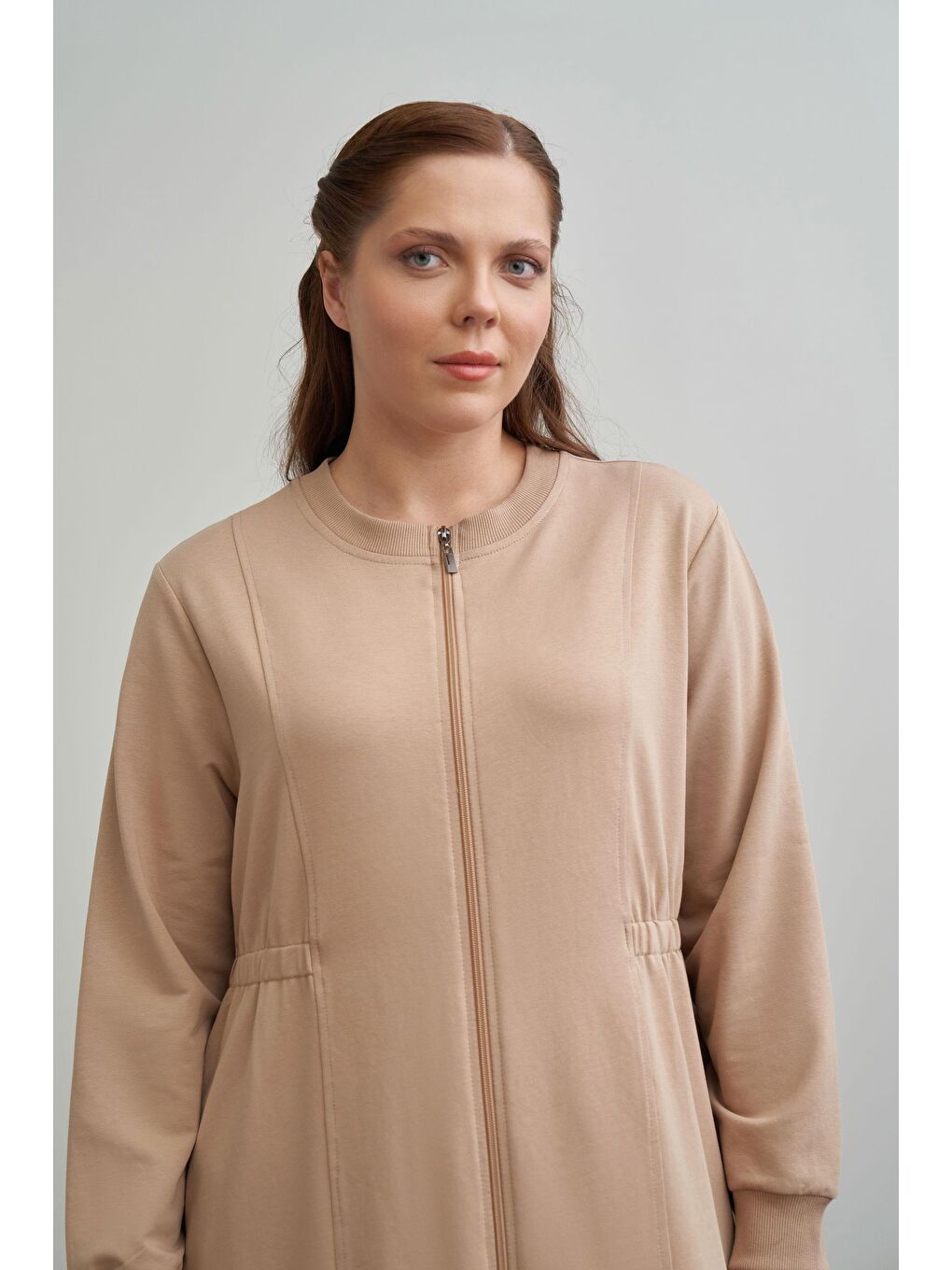 Bej Vizon-Pamuklu Fermuarlı Uzun Ferace-3