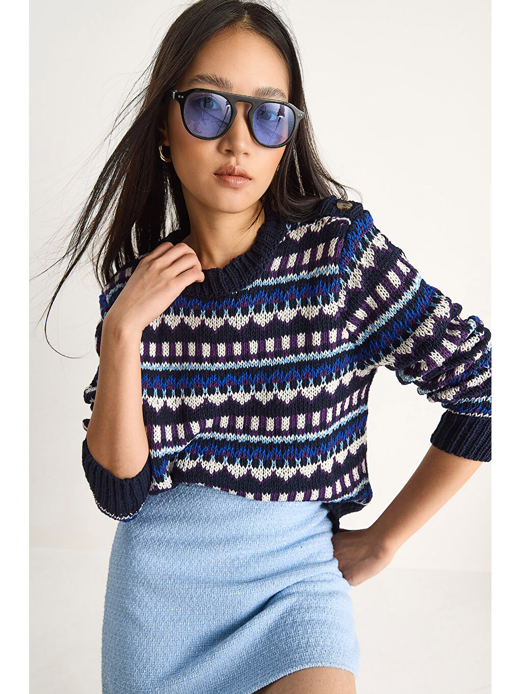 Lacivert Kadın Omuz Patlı Desenli Triko Kazak-1