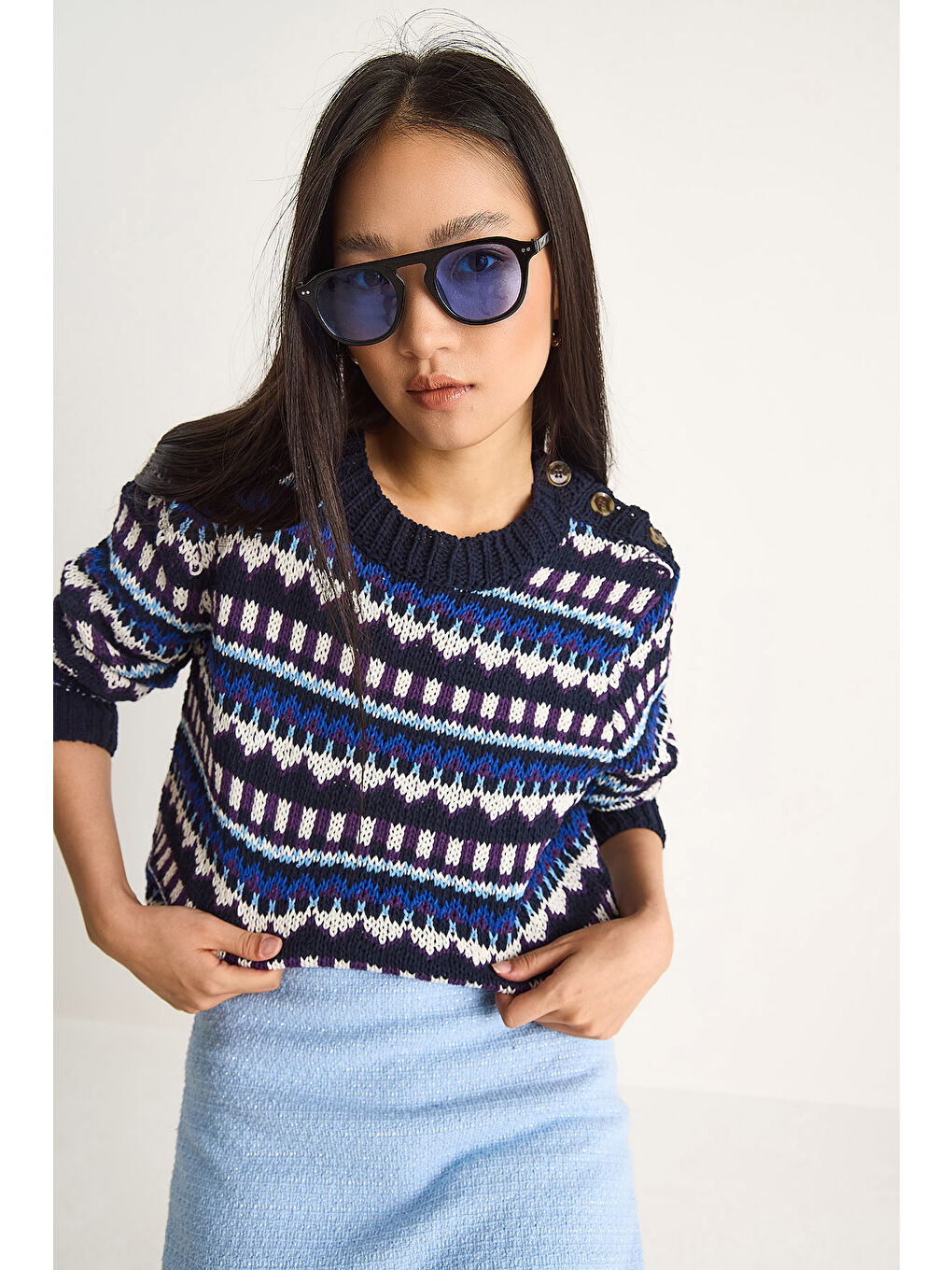 Lacivert Kadın Omuz Patlı Desenli Triko Kazak-2