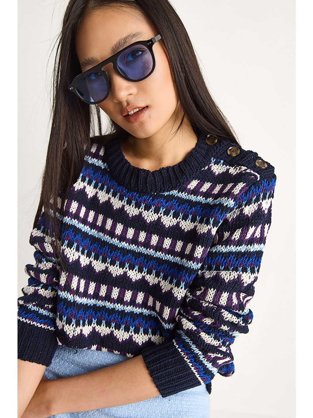 Lacivert Kadın Omuz Patlı Desenli Triko Kazak-3