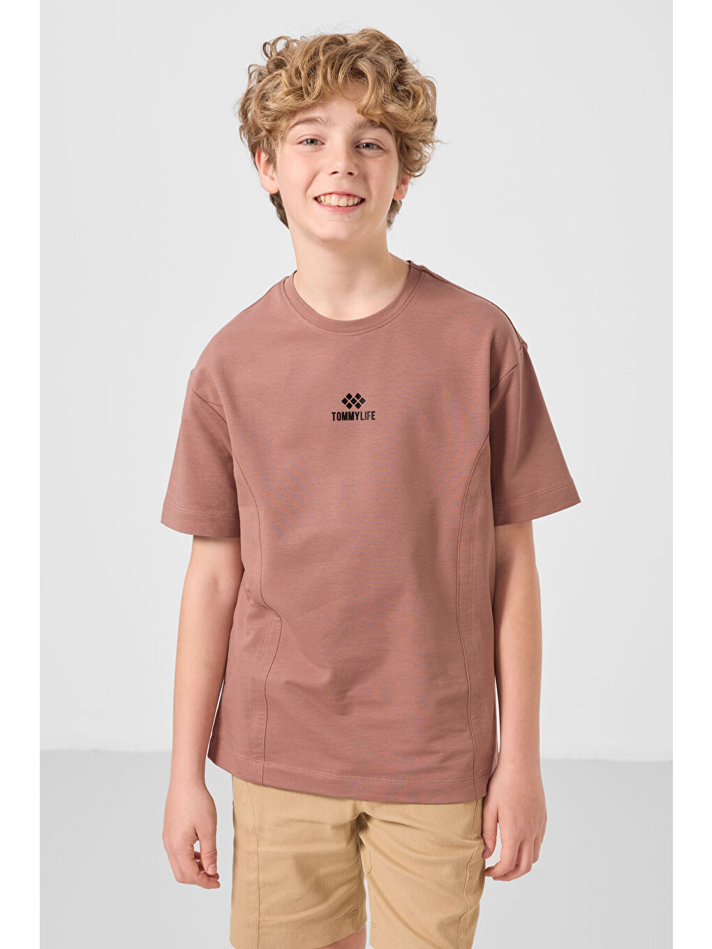 Kahverengi Tarçın-Koyu Bej Pamuklu Oversize Fit Dokuma Hafif Esnek Chino Erkek Çocuk Şort Takım - 11276-3