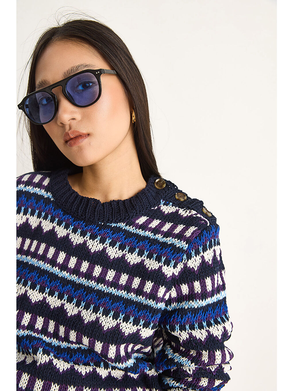 Lacivert Kadın Omuz Patlı Desenli Triko Kazak-4