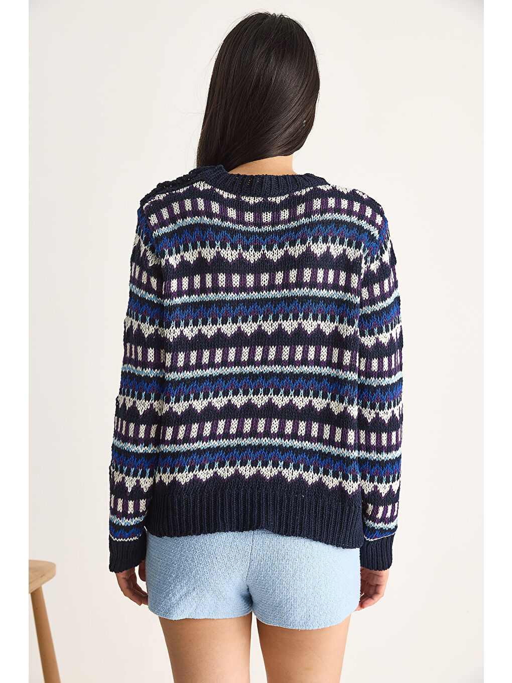 Lacivert Kadın Omuz Patlı Desenli Triko Kazak-5