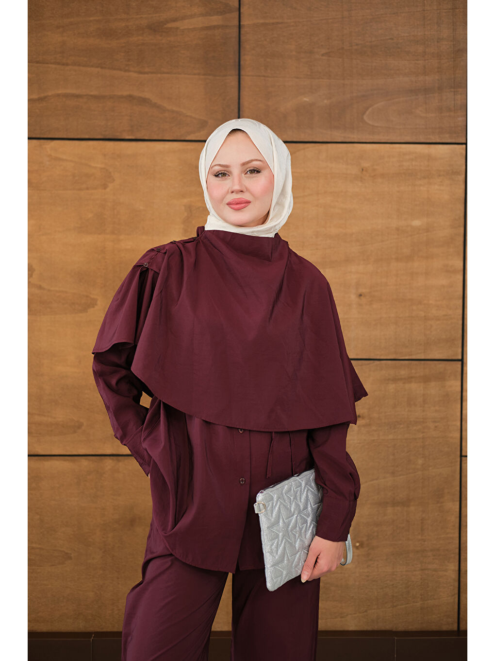 Kadın Şal Detay Bel Bağlamalı Gömlekli Takım Bordo-1