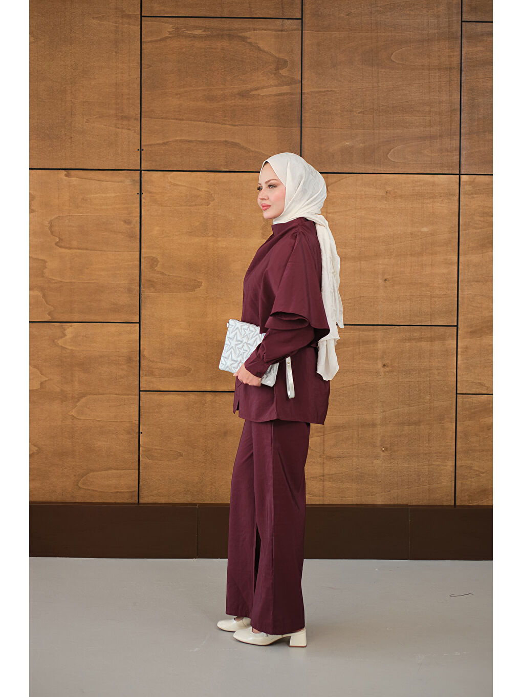Kadın Şal Detay Bel Bağlamalı Gömlekli Takım Bordo-2