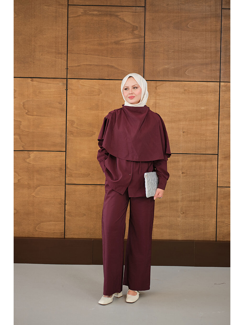 Kadın Şal Detay Bel Bağlamalı Gömlekli Takım Bordo-3
