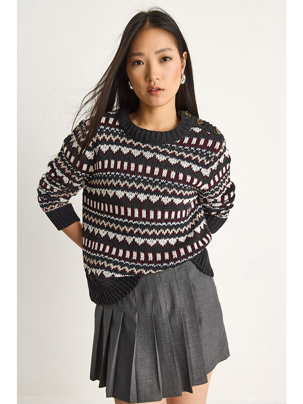 Antrasit Kadın Omuz Patlı Desenli Triko Kazak-4