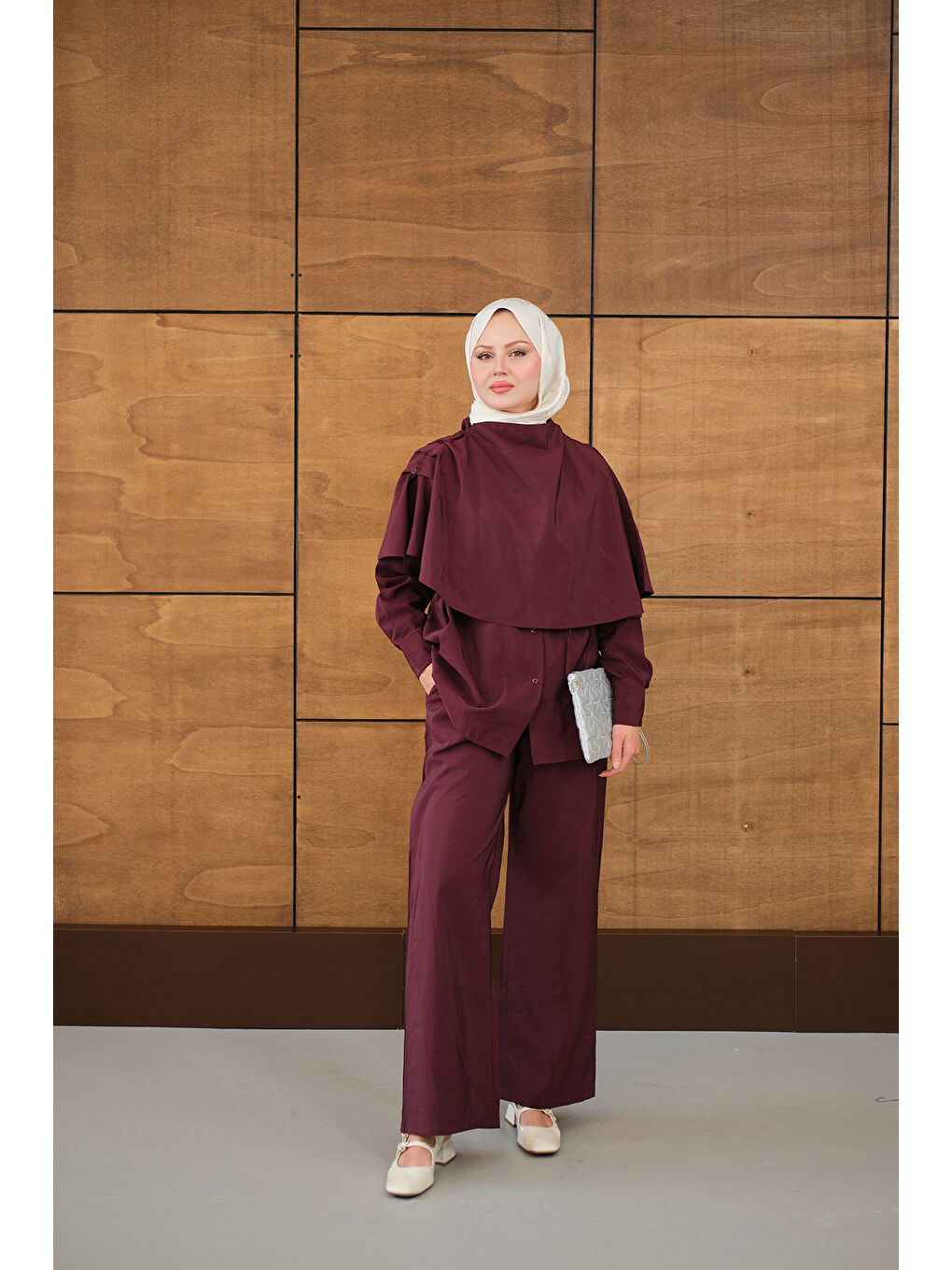 Kadın Şal Detay Bel Bağlamalı Gömlekli Takım Bordo-4