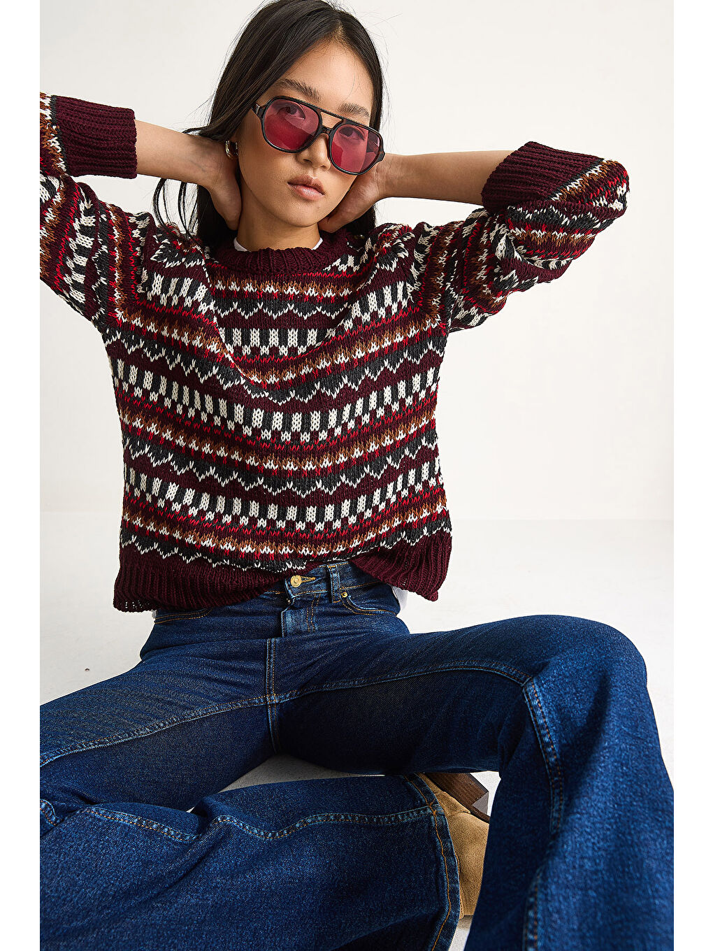 Bordo Kadın Omuz Patlı Desenli Triko Kazak-1