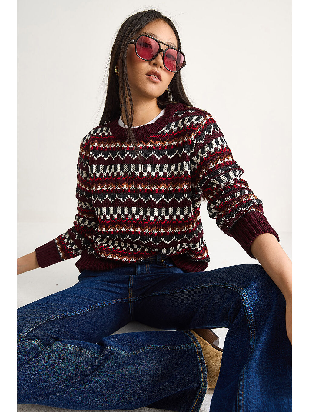 Bordo Kadın Omuz Patlı Desenli Triko Kazak-2