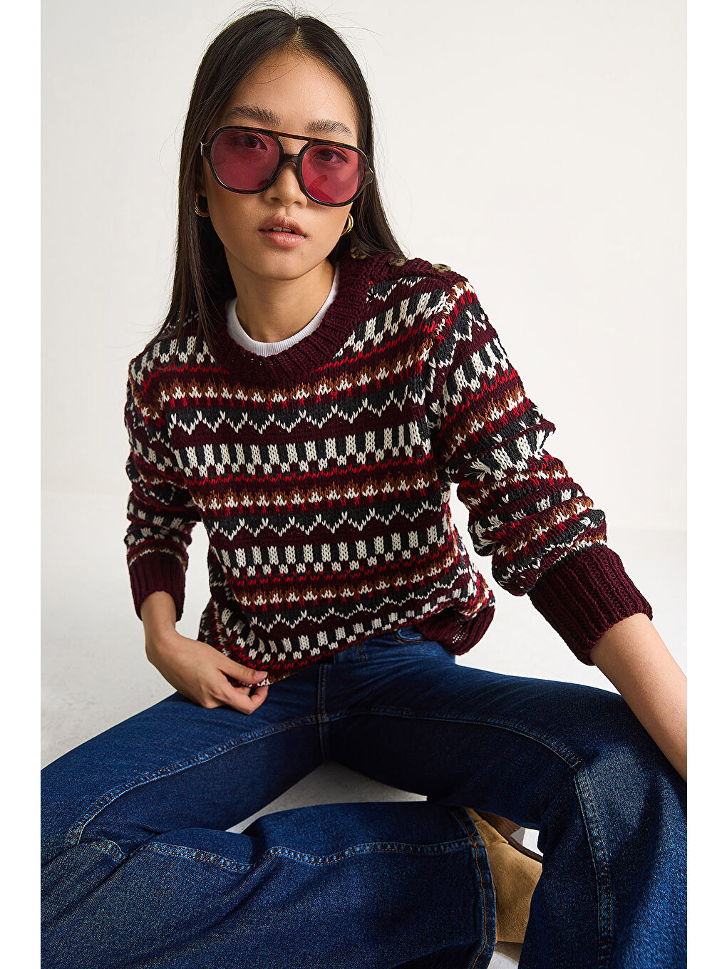 Bordo Kadın Omuz Patlı Desenli Triko Kazak-3