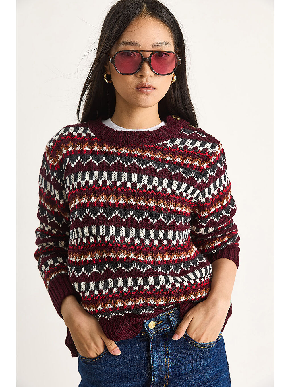 Bordo Kadın Omuz Patlı Desenli Triko Kazak-4