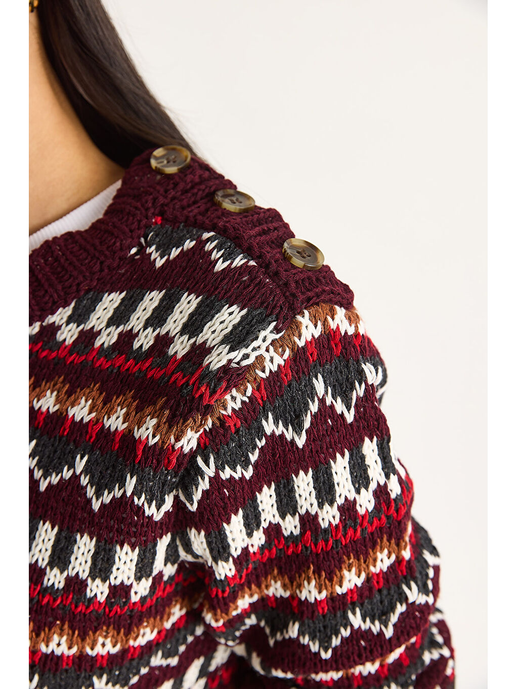 Bordo Kadın Omuz Patlı Desenli Triko Kazak-5