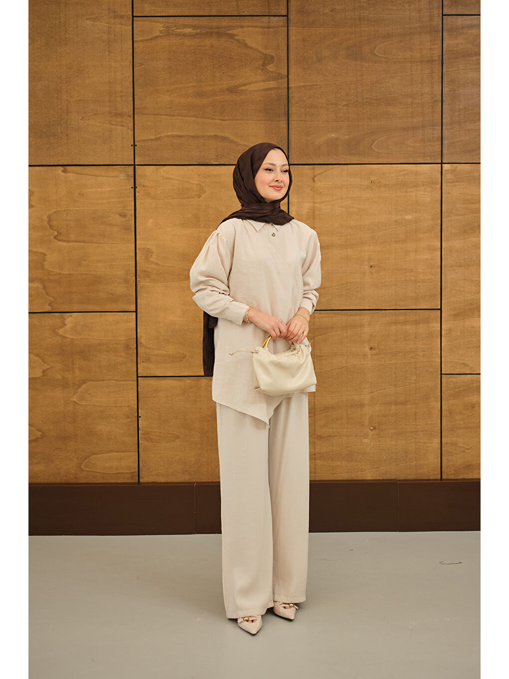 Ekru Kadın Gold Düğme Detaylı Pantolonlu Modal Takım Krem-4