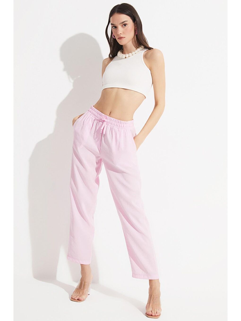 June Pembe Exclusive Beli Lastikli Modal Karışımlı Pantolon - 3