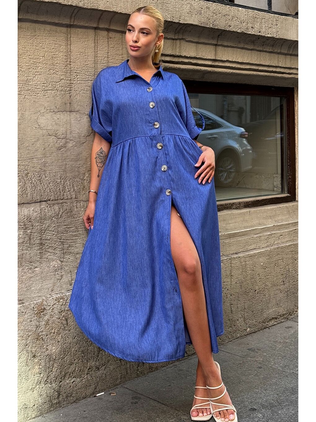 Lacivert Kısa Kollu Düğme Detaylı Midi Boy Gömlek Elbise-1