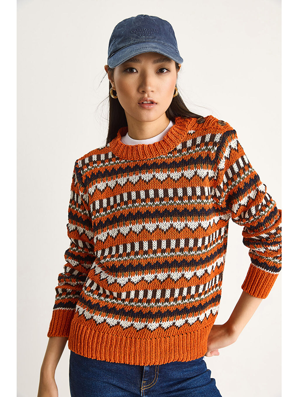 Turuncu Kadın Omuz Patlı Desenli Triko Kazak-1