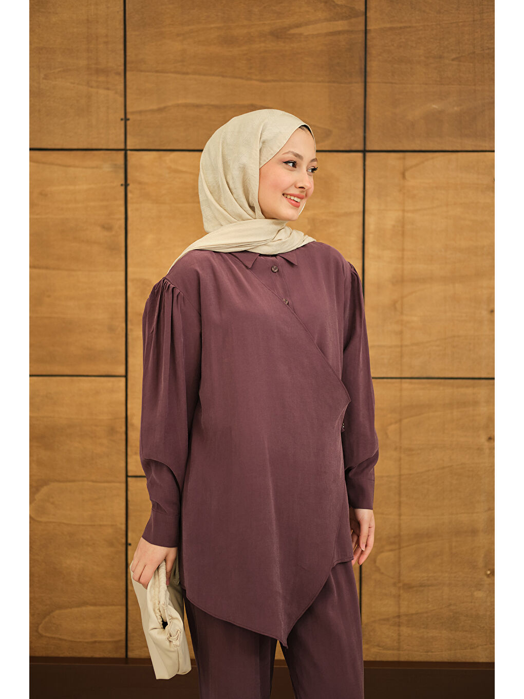 Kadın Gold Düğme Detaylı Pantolonlu Modal Takım Mürdüm-1