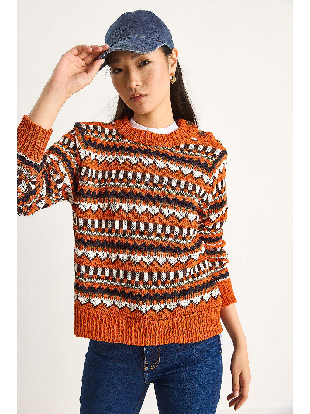 Turuncu Kadın Omuz Patlı Desenli Triko Kazak-2